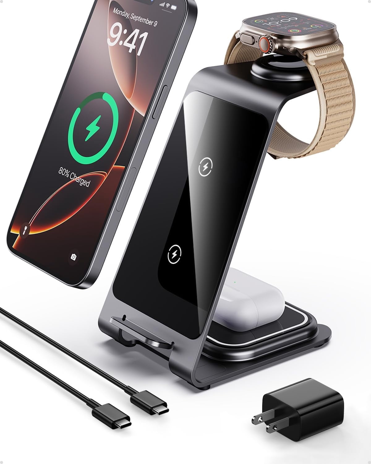 Mobii 3 in 1 Wireless Charger for iPhone 16 15 14 13 12 11 X Pro Max, Wireless Charger for Apple Watch 10 Ultra 3 SE 9 8 7 6 5 4 3 2 and Wireless Charger for AirPods 4 Pro Pro 2 3(Grey)