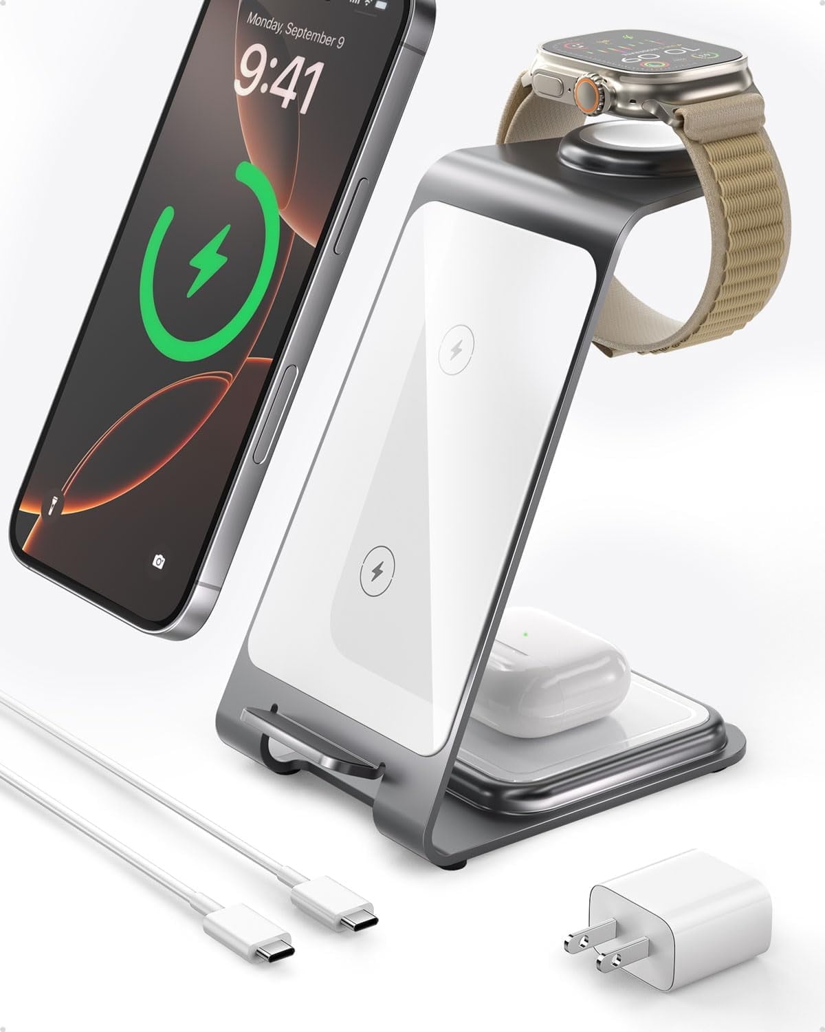 Mobii 3 in 1 Wireless Charger for iPhone 16 15 14 13 12 11 X Pro Max, Wireless Charger for Apple Watch 10 Ultra 3 SE 9 8 7 6 5 4 3 2 and Wireless Charger for AirPods 4 Pro Pro 2 3(Silver)