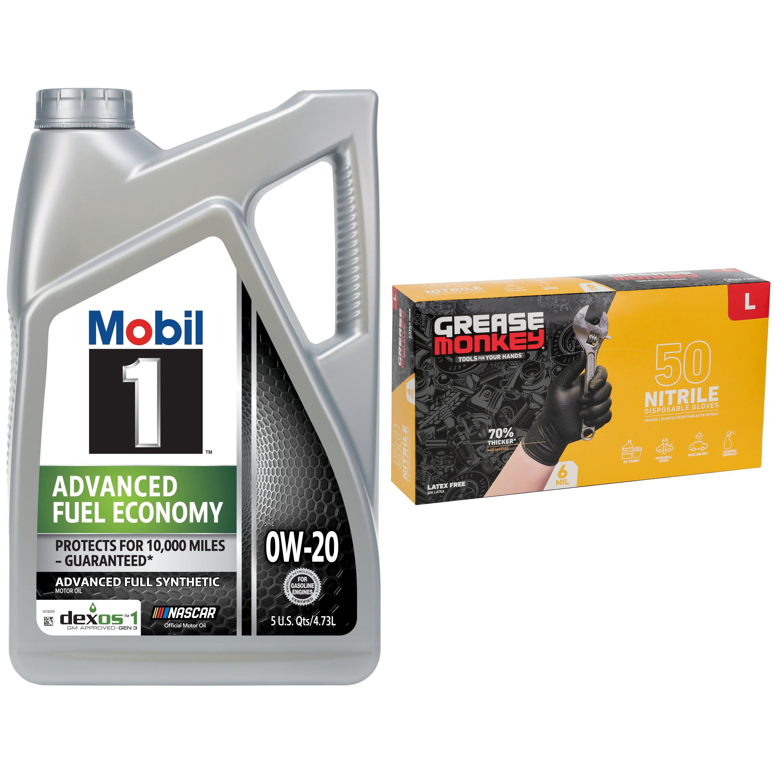 Mobil 1 0W-20 Full Synthetic Motor Oil (5-Quart) + Grease Monkey Nitrile Gloves (Large, 50-Count) Automotive Bundle