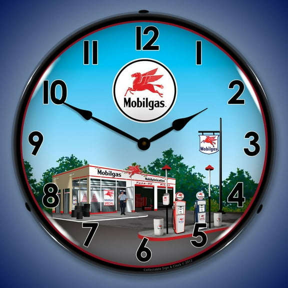 Mobil Station Wall Clock, Lighted: Gas / Oil Theme