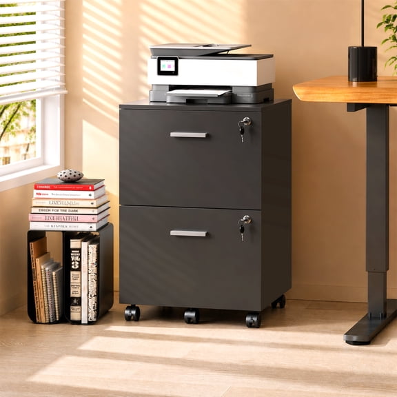 GALAXHERO 2 Drawer Filing Cabinet with Lock, Wooden Printer Stand with Storage for Home Office, Mobile Locking File Cabinet Fits Letter/A4 Hanging Files, Black