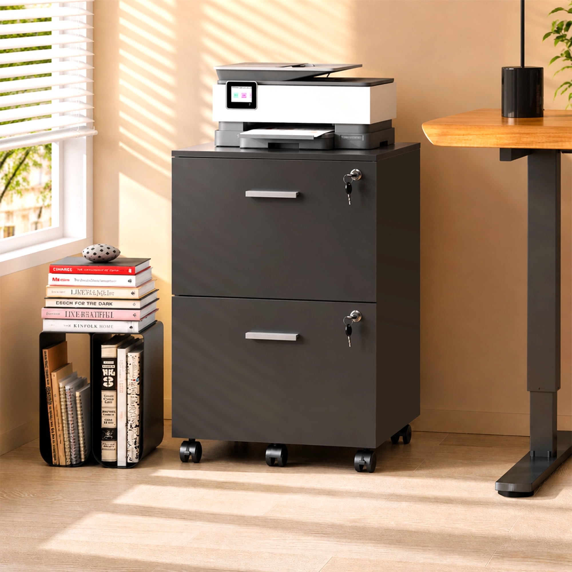 GALAXHERO 2 Drawer Filing Cabinet with Lock, Wooden Printer Stand with Storage for Home Office, Mobile Locking File Cabinet Fits Letter/A4 Hanging Files, Black