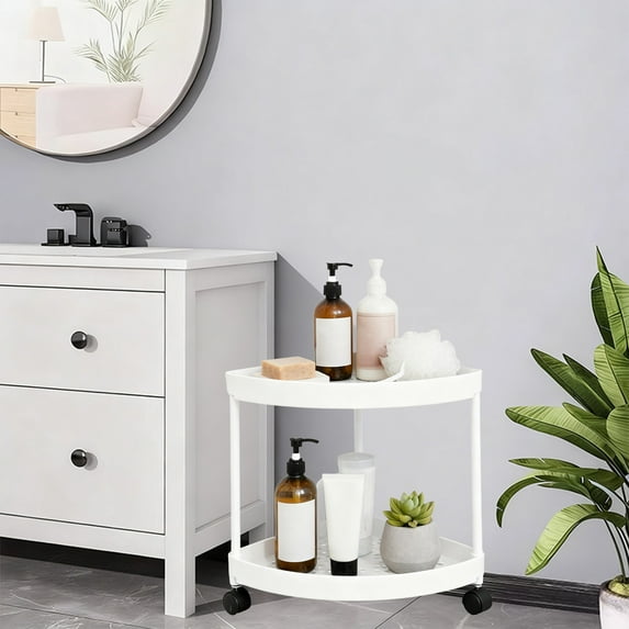 Mobile 2-Tier Triangle Corner Shelf with Wheels, Rolling Freestanding Organizer for Bathroom & Bedroom, Easy-Move Plastic Storage Cart for Toiletries, Plants, and Supplies