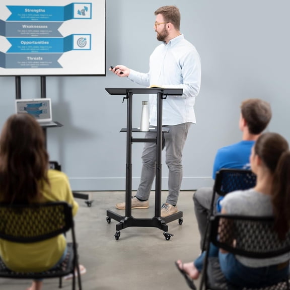 Mobile 24 x 16 inch Lectern Podium, Height Adjustable Steel Rolling Laptop Cart on Wheels, Black, CART-V03E