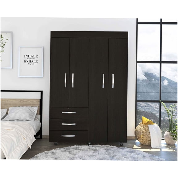 Mobile 3-Drawer Armoire Cabinet with Shelves and Wheels in Black Finish