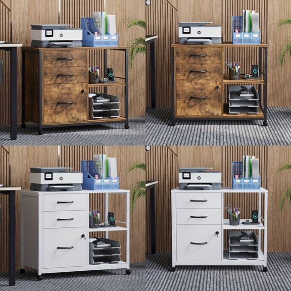 Mobile 3-Drawer File Cabinet with Open Shelf - Lockable, Heavy-Duty Printer Stand. White/Brown. Perfect Gift For 2026.