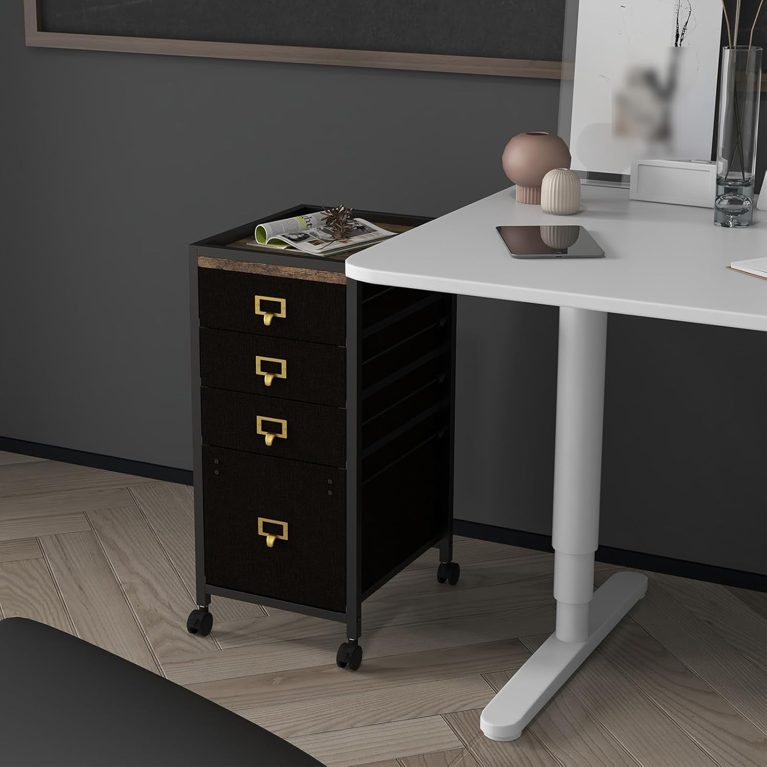 Mobile 4-Drawer File Cabinet on Wheels, Rolling Under Desk Storage Solution with Open Shelf and Printer Stand for Home Office, Fits A4 and Letter Size (11.8" D x 14.9" W x 26.2" H)