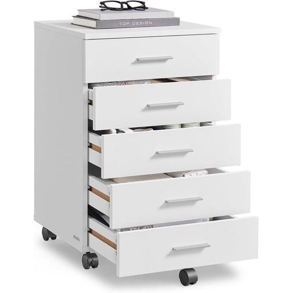 Mobile 5-Drawer Filing Cabinet with Wheels and Printer Stand, Tool-Free Sliding Rails, Cloud White