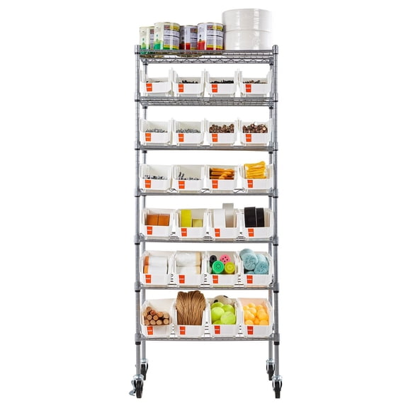 Mobile 7-Tier Rolling Storage Rack with 24 Bins, Steel Wire Shelving System on Wheels for Garage, Office, Kitchen, Warehouse Organization