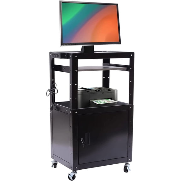Mobile AV Cart with Locking Cabinet, Adjustable Height Rolling Computer Cart with Pull-Out Keyboard Tray, Media Cart for Classroom, Office, Projector