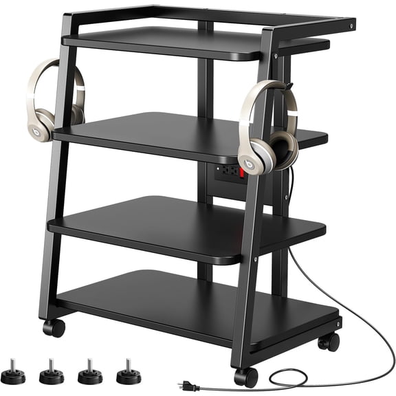 Mobile AV Media Stand with Outlets and 4 Rolling Caster Wheels, 4-Tier Rolling TV Stand for Gaming Console, Stereo, DVD Player, Sturdy Metal Frame, Versatile Living Room,Bedroom (Black)