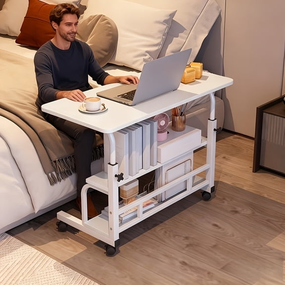 Mobile Adjustable Height Computer Desk, Multifunctional Double-Layer Storage Desk, Portable Gaming & Study Table for Students, Bedside Office Desk for Bedroom & Apartment Use
