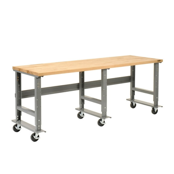 Mobile Adjustable Height Workbench, Maple Butcher Block Square Edge, 96"W x 36"D, Gray
