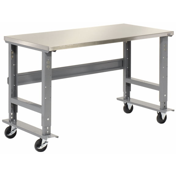 Mobile Adjustable Height Workbench, Stainless Steel, 48"W x 30"D, Gray