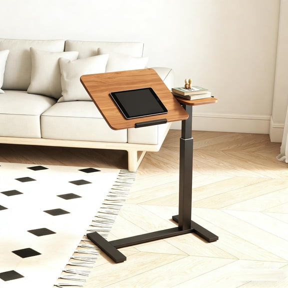 Mobile Adjustable Standing Desk, Overbed Table with Flip Desktop & 4 Wheels, Height & Angle Adjustable Rolling Laptop Cart for Home Office, Ergonomic, Walnut+Black