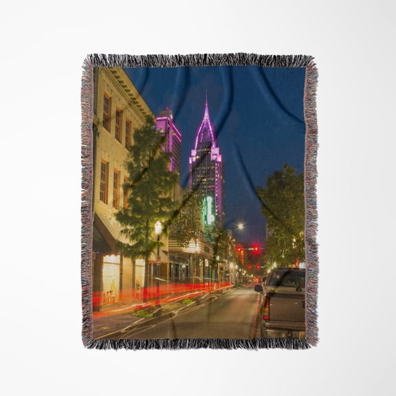 Mobile, Alabama, Dauphin Street, Trustmark Skyscraper In Background , Woven Blanket