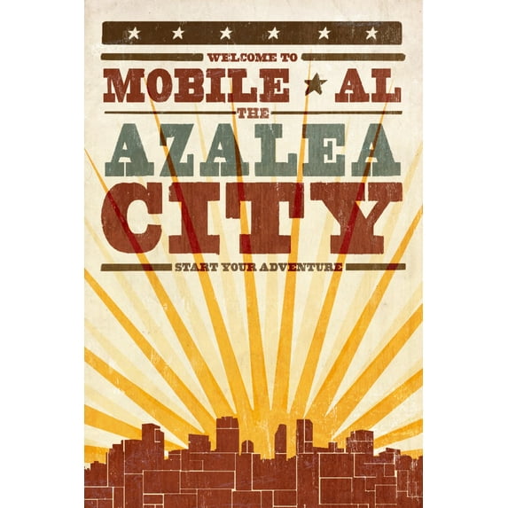 Mobile, Alabama, Skyline and Sunburst Screenprint Style (16x24 Giclee Gallery Art Print, Vivid Textured Wall Decor)