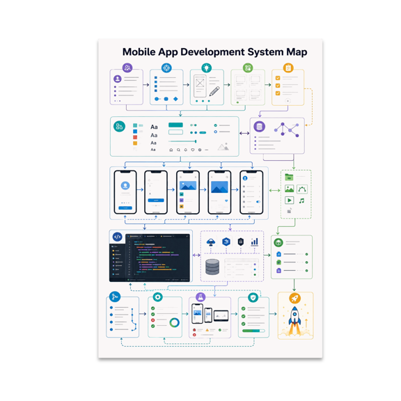 Mobile App Development System Map Poster, Mobile Developers and Coding Learning Spaces, 13x19 Glossy Paper