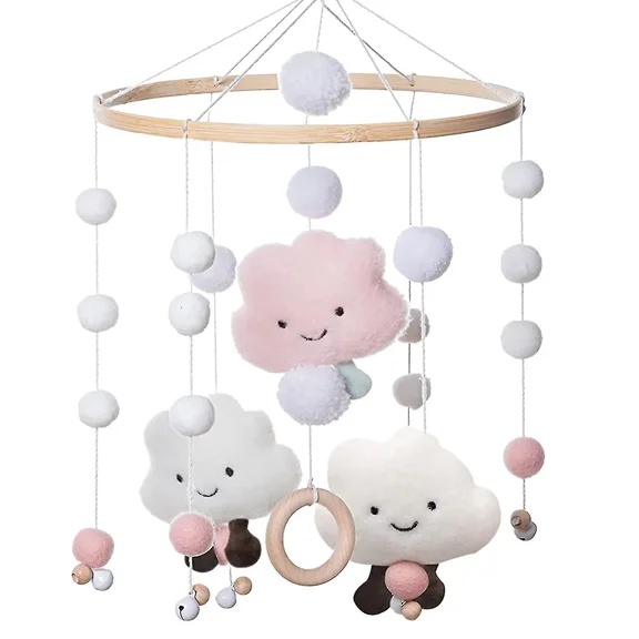 Mobile Baby Wind Chimes, Mobile Baby Girl, Mobile Baby Wood With Felt Balls, 3d Clouds-pink