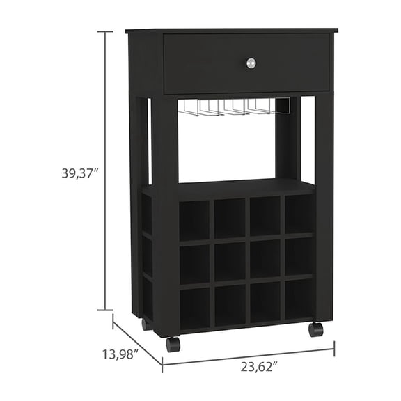 Mobile Bar Cart with 12 Wine Bottle Storage, Black Wengue Finish, Wine Glass Holder and Drawer for Home Entertaining