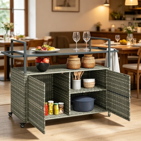 Mobile Bar Cart with Rattan Storage, Buffet Cabinet and Outdoor Storage Table, Dining Room Storage Cart, Kitchen Island Cart