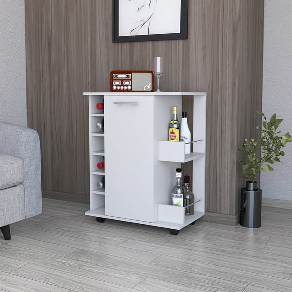 Mobile Bar Cart with Side Shelving | Entertain in Living Space | White Engineered Wood | Showcase Bottles Gracefully