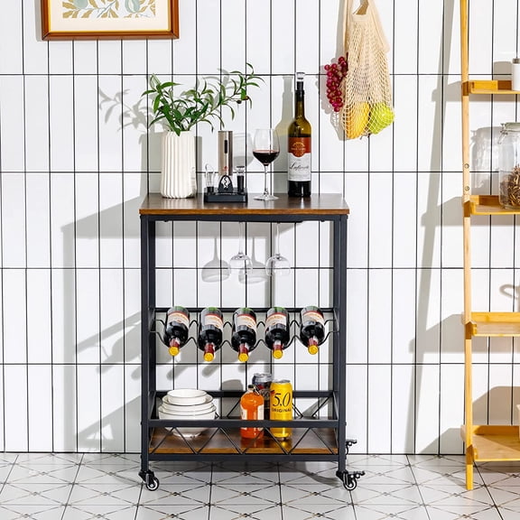 Mobile Bar Serving Cart with Wine Rack and Glass Holder, Industrial Kitchen Island Storage Trolley on Lockable Castors for Home Dining Room Dark Brown