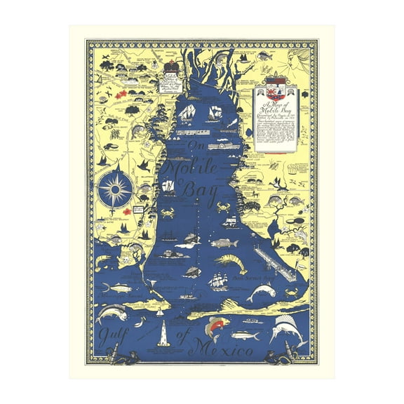 Mobile Bay Art, 1950 Vintage Map of Mobile Bay History Wall Decor Gift, Old Mobile Bay Map - 24" x 36" Unframed Print