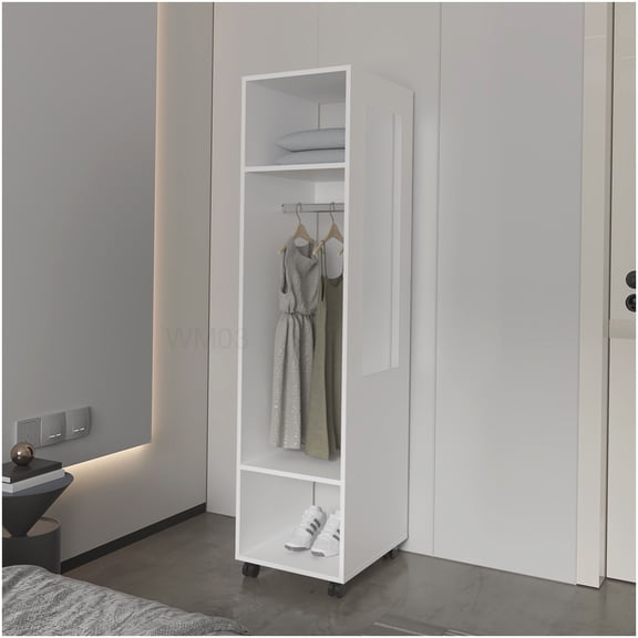 Mobile Bedroom Wardrobe with Mirror, White Melamine Storage Cabinet on Wheels