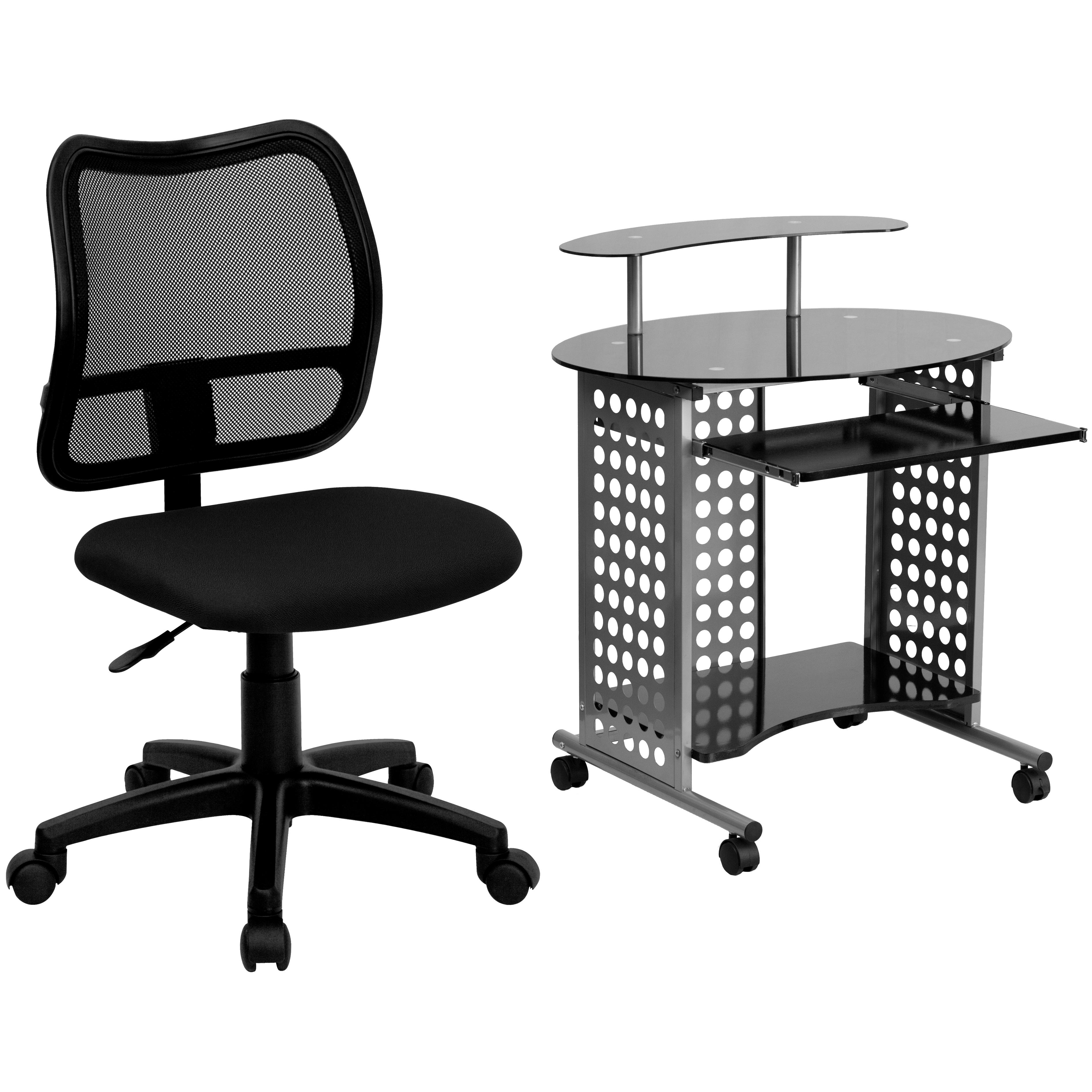 Mobile Black Glass Top Computer Desk with MidBack Gray Mesh Swivel