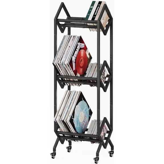 Mobile Black Metal 3 Tier Vinyl Record Storage Rack with Casters for Albums, Books, Magazines and Office Files