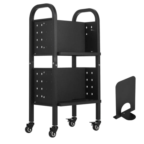 Mobile Book Cart with Locking Wheels, 150 lb Rolling Library Cart, Double-Sided L-Shaped Shelves for School, Office, or Home Library Storage, Black