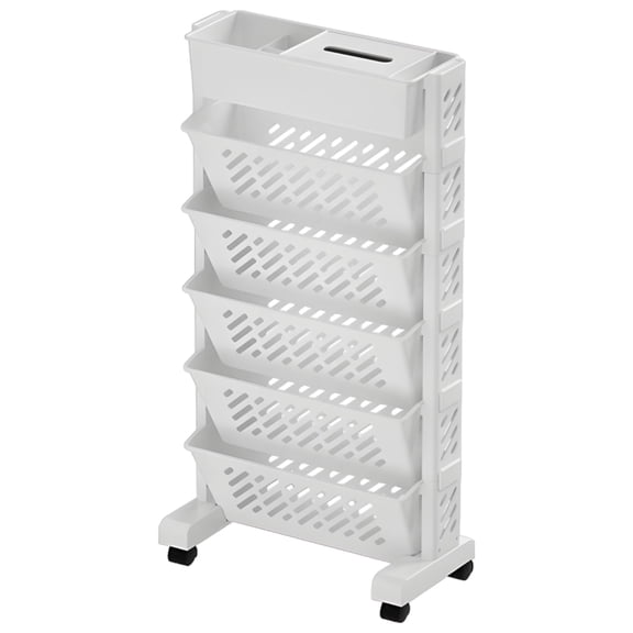 Mobile Bookshelf with Wheels, 6-Tier Narrow Rolling Utility Cart, Multi-Compartment Top, Hollow Draining Shelves, Desk Side Storage for Classroom, Office, Bathroom