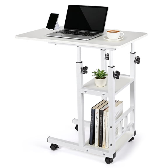 Mobile C Shaped End Table with Charging Station and Wheels, Height Adjustable 3 Tier Laptop Side Table for Couch and Sofa, White Storage Shelf Table for Living Room Bedroom Small Space