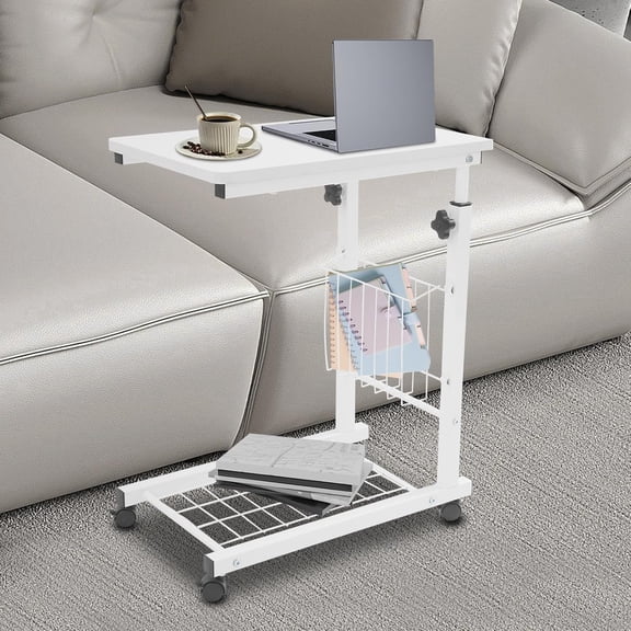 Mobile C Shaped Side Table, Height Adjustable Rolling Bedside Table with Storage Shelves Bed Sofa Side Table Coffee Tables for Laptop Coffee Snack 22-29.9" H (White)