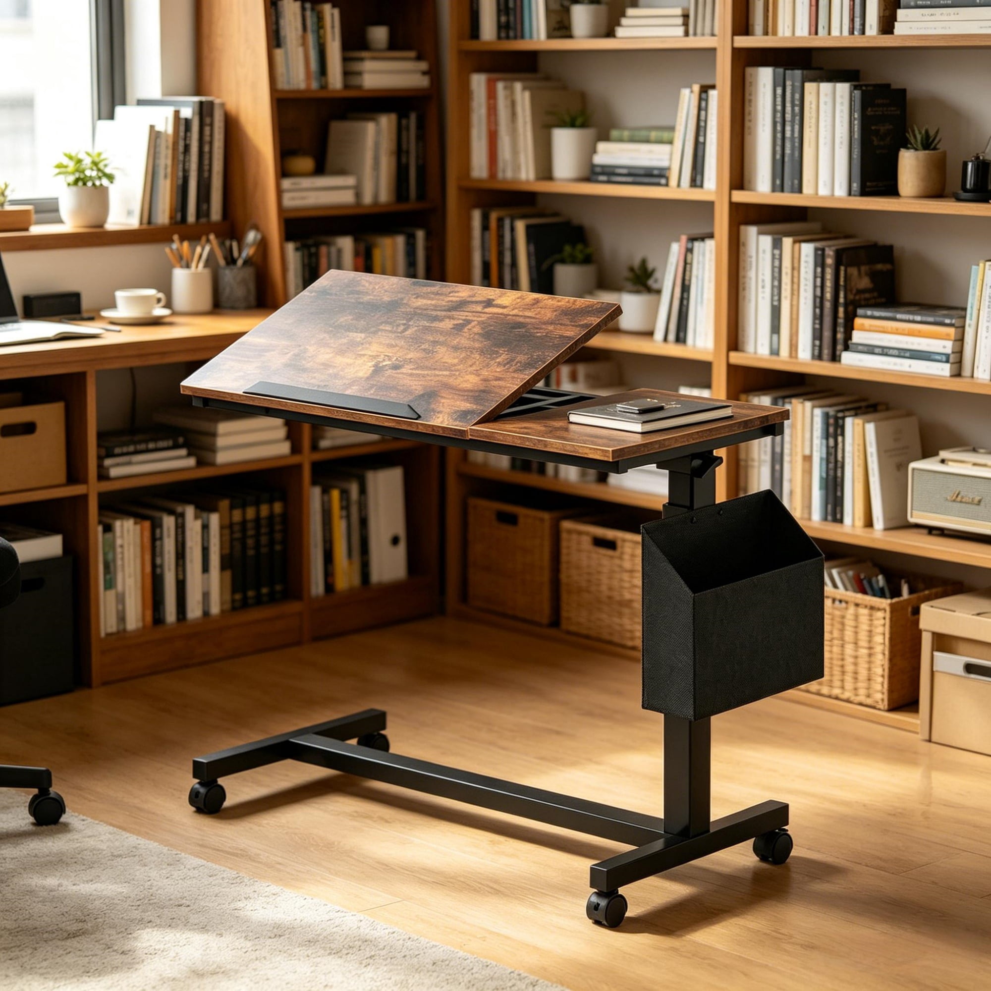 Mobile C Table, Adjustable Height Wood Side Table with Wheels, Tiltable Top, 45 lb Capacity