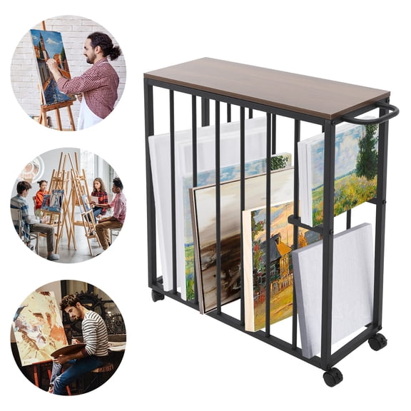Mobile Canvas Drying Rack, Black Iron Art Storage Holder with Handle&Wheels, 6 Large 2 Small Compartments for Watercolor Oil Painting Display