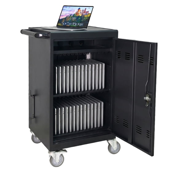 Mobile Charging Cart 30 Bay Lockable Rolling Storage Trolley with Power Strip Fast Charge for Laptop Tablet iPad Chromebook School Office