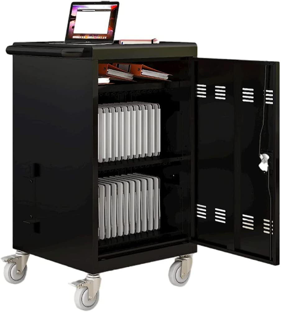 Black 30-Device Mobile Charging and Storage Cart with Locking Cabinet