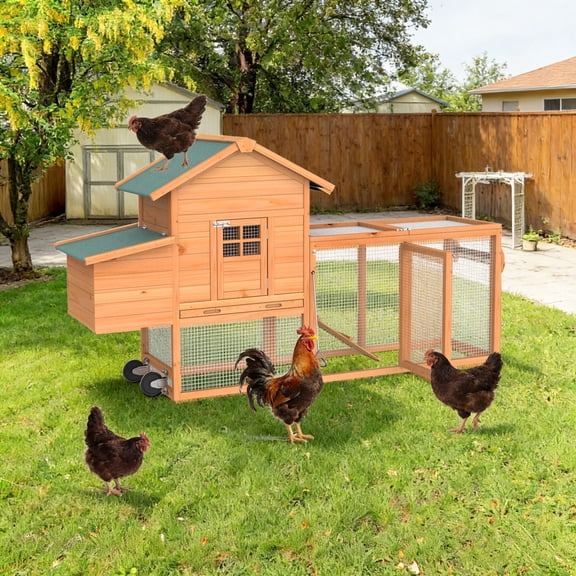 Mobile Chicken Coop with Wheels Outdoor Wooden Hen House Rabbit Hutch Large Poultry Cage with Run, Asphalt Roof