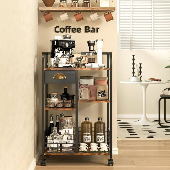 Mobile Coffee Cart with Storage Drawer, 4-Tier Adjustable Coffee Bar Cabinet on Wheels for Kitchen, Living Room, or Dining Room