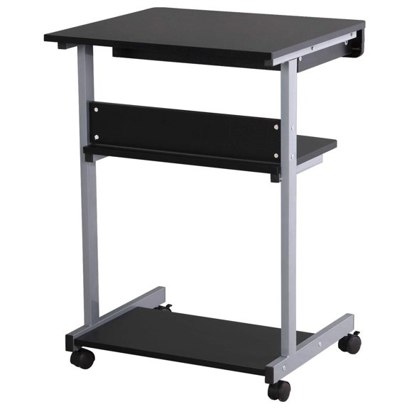 Mobile Compact Computer Desk Cart for Small Spaces, Work Writing Workstation Table with Drawers and Printer Shelf on Wheels for Home Office Classroom Library, Black