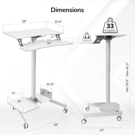 Mobile Computer Cart, Height-Adjustable Rolling Workstation with 28" Desktop, Keyboard Tray, Storage Shelves & Locking Wheels