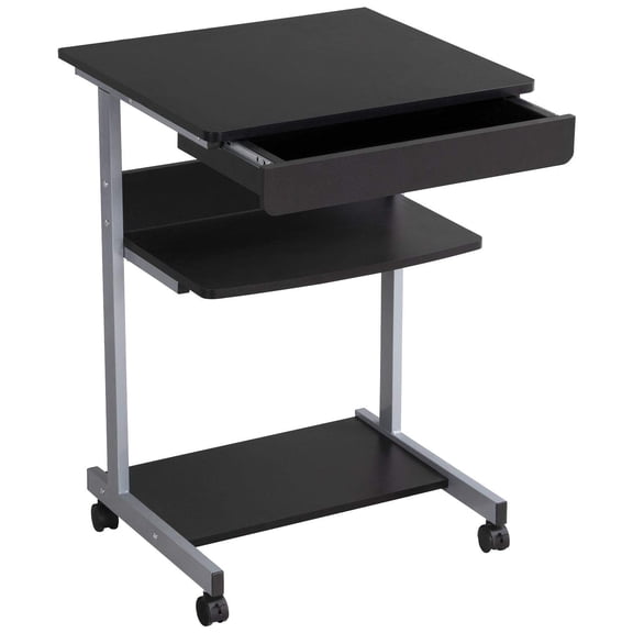 Mobile Computer Desk Cart with Drawer and Printer Shelf, Small Rolling Laptop Table Workstation for Home Office, Study Room or Small Spaces, Writing Desk with Storage, Black