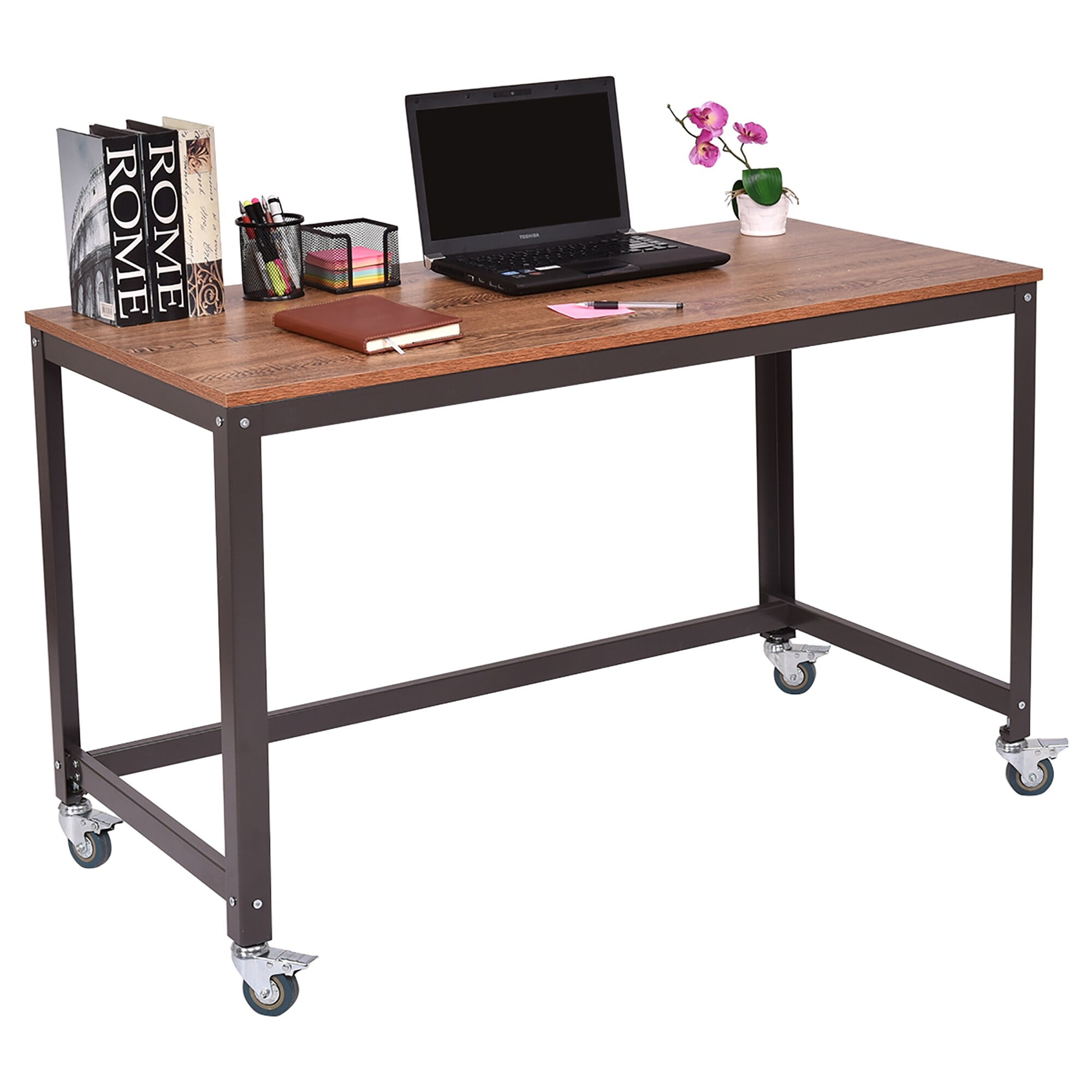 Mobile Computer Desk Simple Style Rolling Home Office Study Table Brown