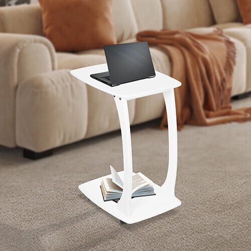 Mobile Computer Desk Solid Wood End Table C-Shaped Side Table White W/ Wheels