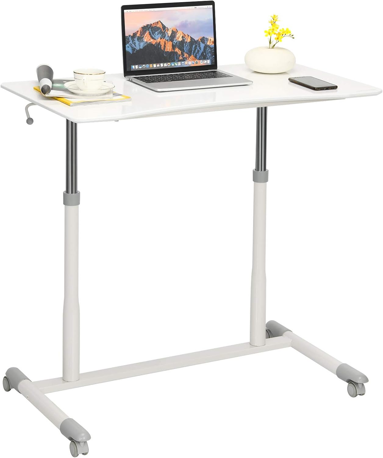 Mobile Computer Desk With Steel Frame, Small Height Adjustable Rolling