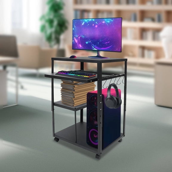 Mobile Computer Desk with Adjustable Height, 4-Tier Rolling Workstation with Keyboard Tray and Locking Wheels