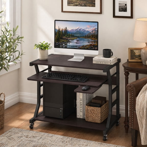 Mobile Computer Desk with Keyboard Tray & Mouse Tray, Small Rolling PC Laptop Workstation for Home Office,Dark Brown