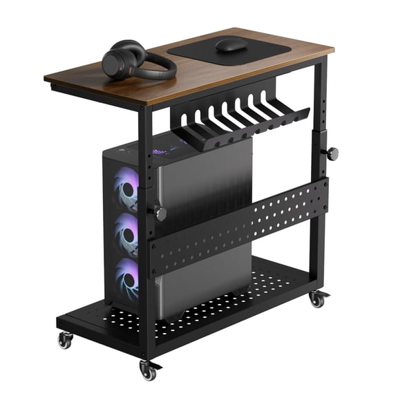 Mobile Computer Tower Stand with 2 Shelves and Cable Management, Adjustable Rolling CPU Holder Cart for Under Desk Organization at Home or Office